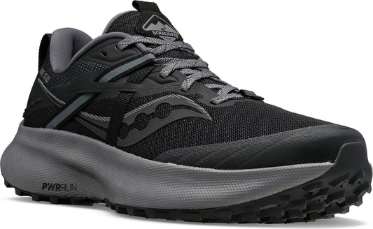 A black and gray athletic shoe with gray laces and a thick gray sole with PWRRUN branding.