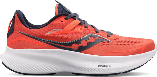 An orange running shoe with gray accents and a white sole.