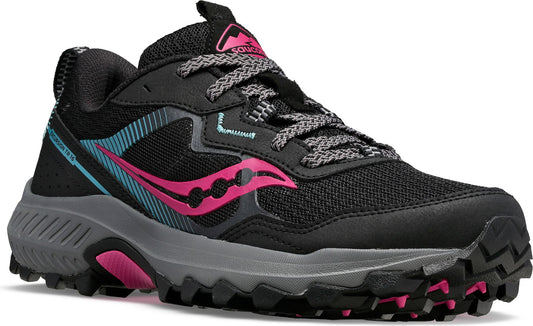 A black athletic shoe with pink logo and laces, and gray soles.