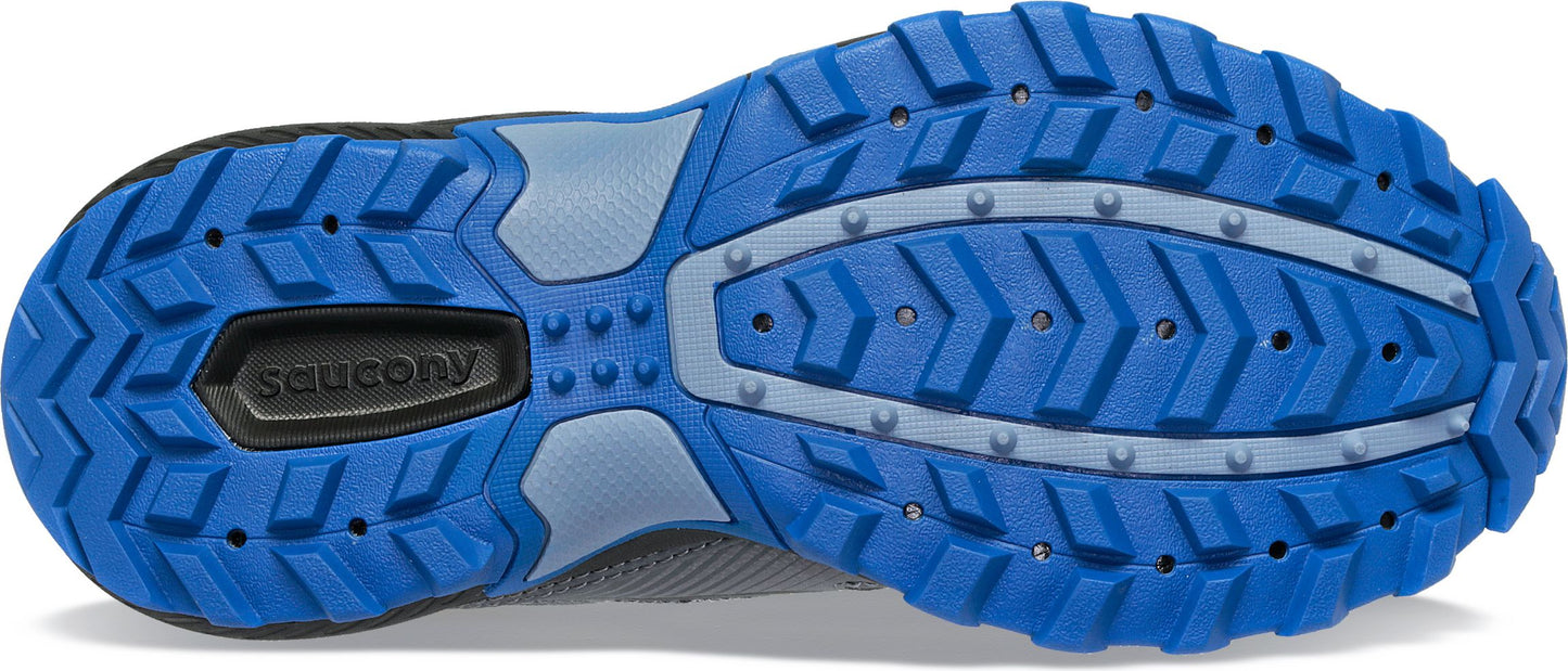 Sole of a running shoe in blue and gray featuring a chevron patterned tread.