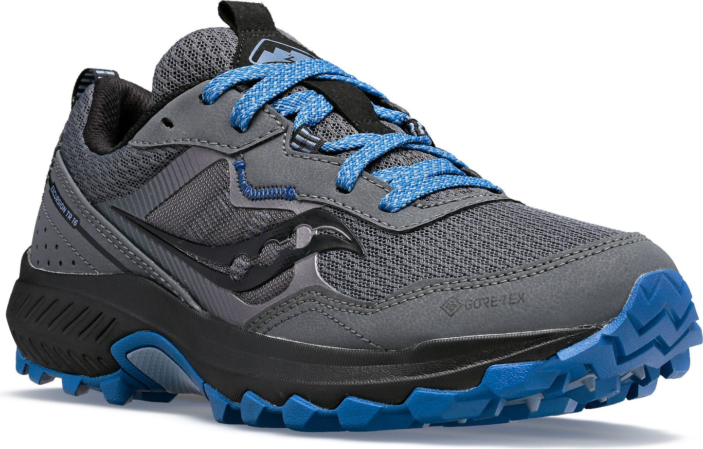 A gray, low-top athletic shoe with blue laces and tread.