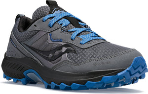 A gray, low-top athletic shoe with blue laces and tread.