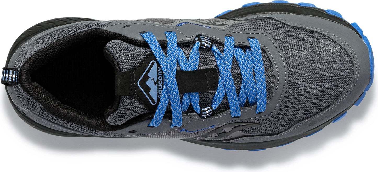 A top-down view of a gray athletic shoe with blue laces.