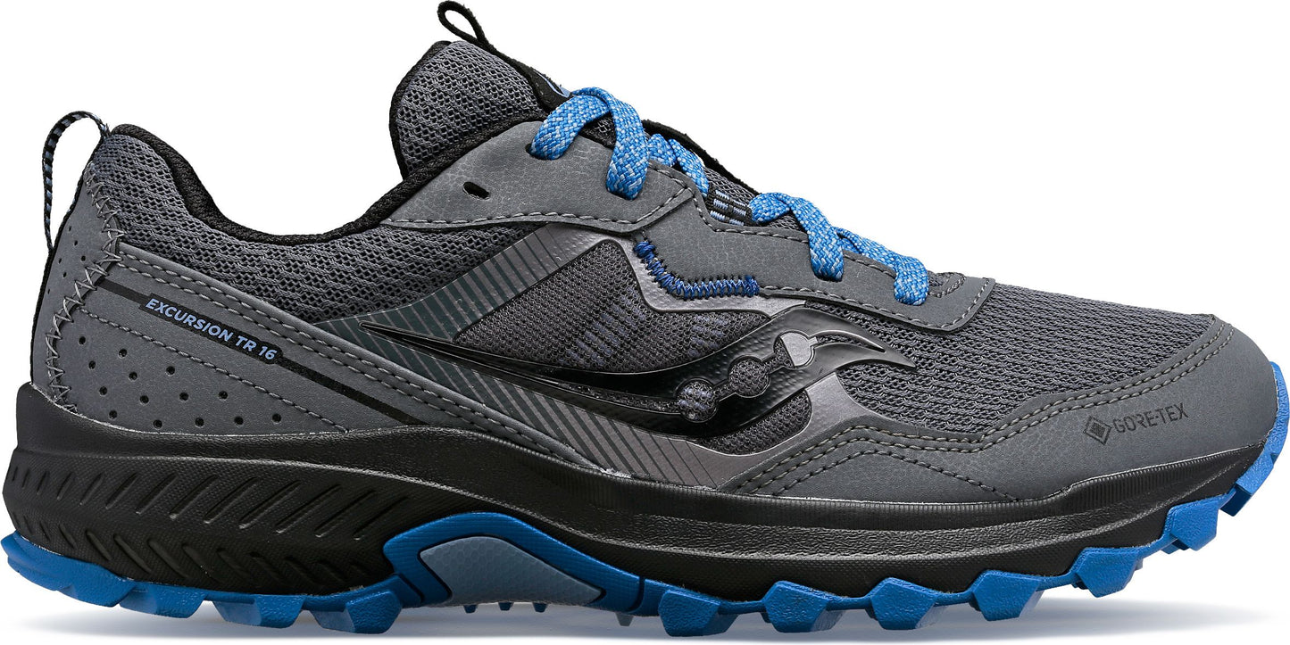 Gray and black trail running shoe with blue accents.