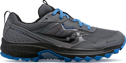 Gray and black trail running shoe with blue accents.