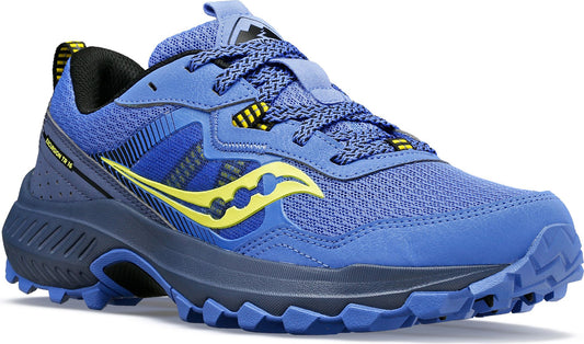 Blue athletic shoe with yellow stripes and lug sole.