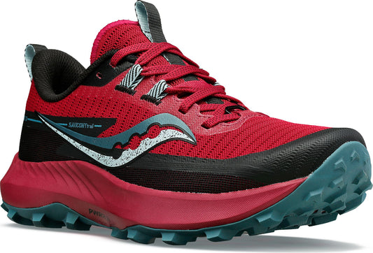 Red and black athletic shoe with blue sole.