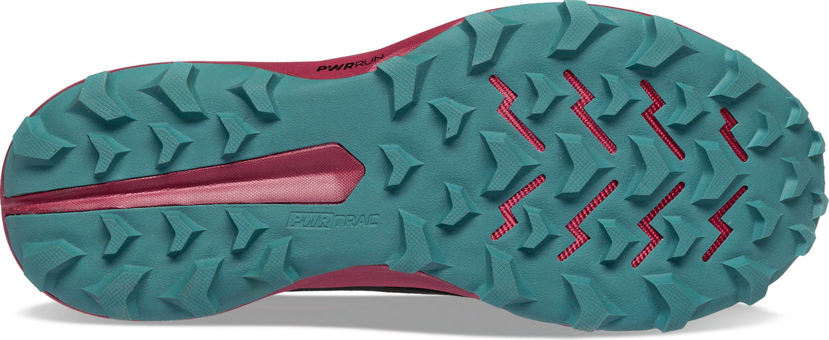 Close-up of a blue and magenta shoe sole with triangle-shaped treads.