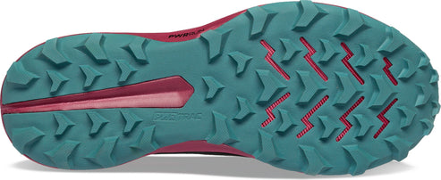 Close-up of a blue and magenta shoe sole with triangle-shaped treads.