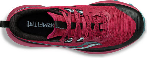 Top-down view of a running shoe featuring a dark pink upper with black accents, including a textured toe cap, and dark laces.
