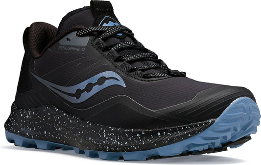 A black trail running shoe with blue sole and logo.