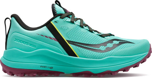 Low-top teal running shoe with black laces, black accents, and a dark pink sole.
