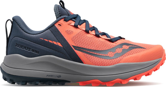 An athletic shoe with a dark gray heel and side, coral body and sole with dark gray laces.
