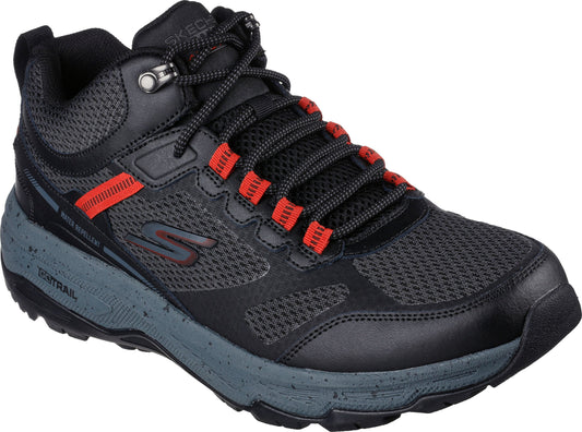 A black and grey high-top athletic shoe with red accents.