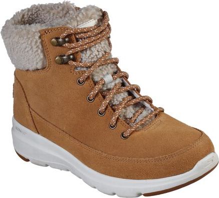 Tan suede ankle boot with faux fur trim and white sole.