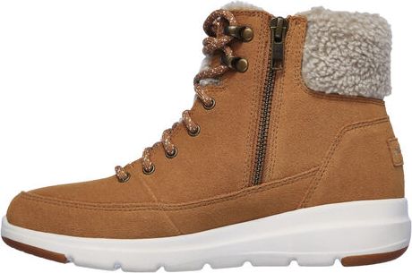 Tan suede ankle boot with faux fur collar, lace up and side zipper, on a white sole.