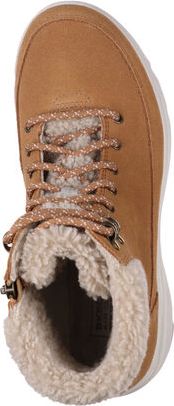 Tan high top shoe with fur lining and tan speckled laces.