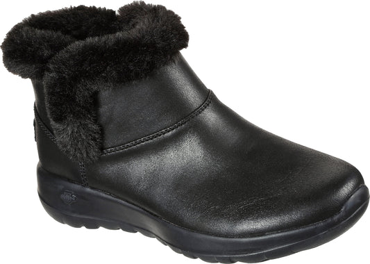 Black boot with fur trim.