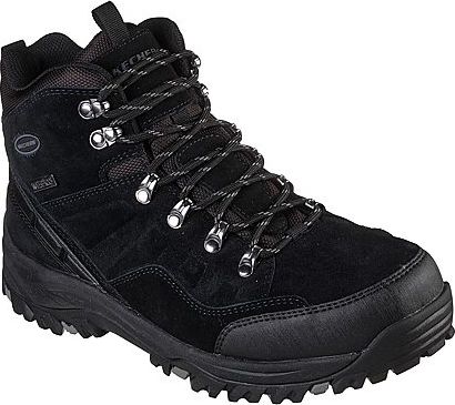 Black hiking boot with silver eyelets and black and gray laces.