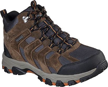 A brown and black hiking boot with a waterproof label and orange accents.