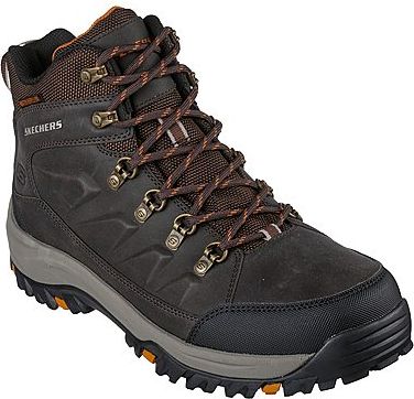 Dark brown hiking boot with orange laces and metal eyelets.
