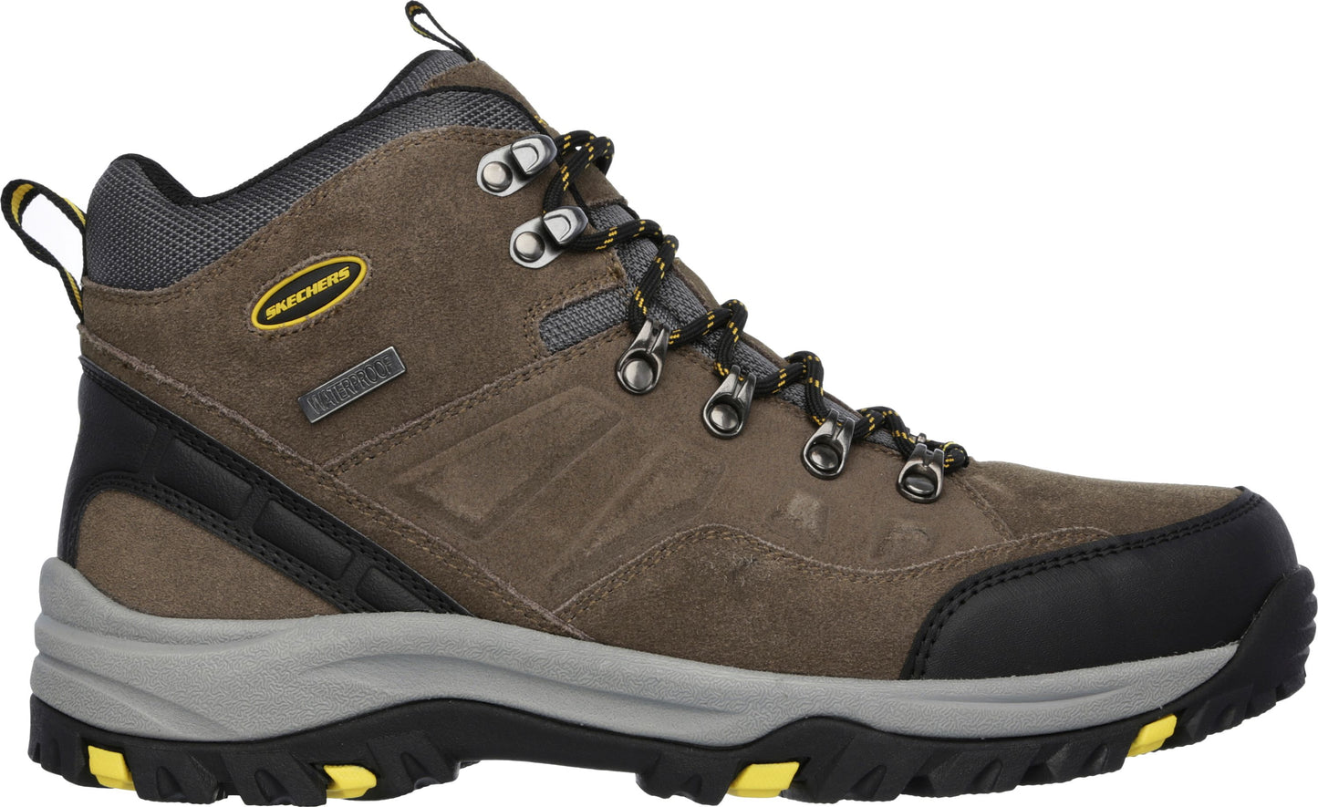 Brown hiking boot with black trim, laces, and gray sole.