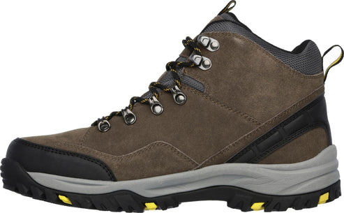 Hiking boot, mid-height, brown nubuck leather, black toe and heel, gray sole, gray collar, metal eyelets, yellow accents.