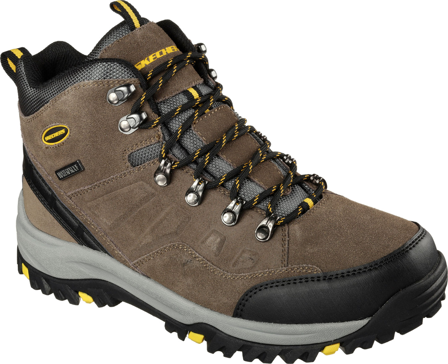 A brown hiking boot with yellow accents, black trim, and a lace-up closure. The boot has a waterproof emblem and a sturdy outsole.