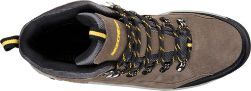 Top-down view of a high-top hiking shoe with black and yellow laces.