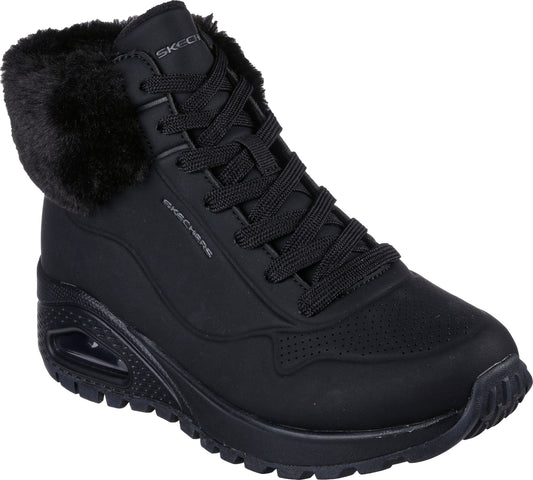 Black sneaker boot with black laces, faux fur collar, and a platform sole.