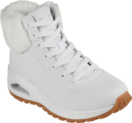 White high-top sneaker with a faux fur trim.