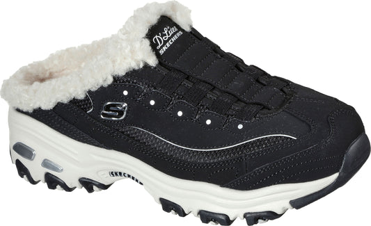 Black mule sneaker with thick white sole and white furry collar.