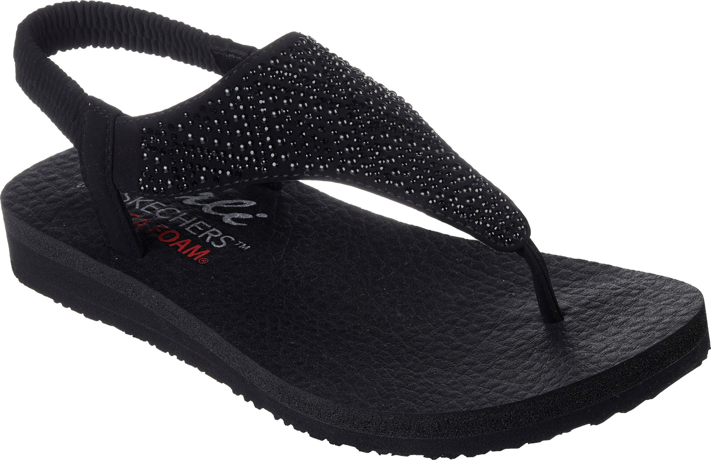 Black sandal with a thong style toe strap and a sparkly beaded upper, and elastic slingback.