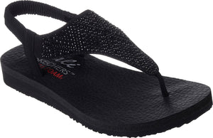 Black sandal with a thong style toe strap and a sparkly beaded upper, and elastic slingback.
