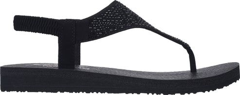 A black sandal with a slingback and toe thong.