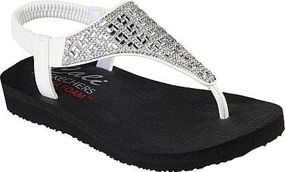 Sandal with white straps and a black sole; one strap is elastic, another is decorated with shiny gems, text on the sole reads 'Cali, Skechers, Foam'