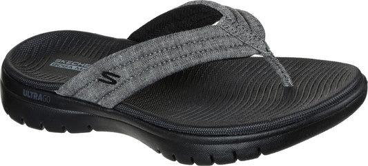 A gray flip-flop with a fabric strap and a black sole.