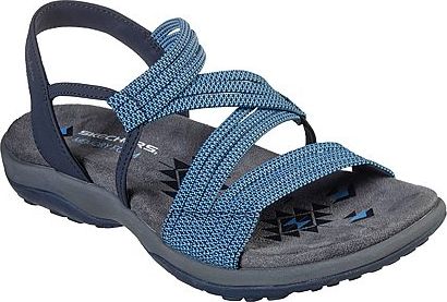 A blue sandal with multiple interwoven straps, and a low heel.