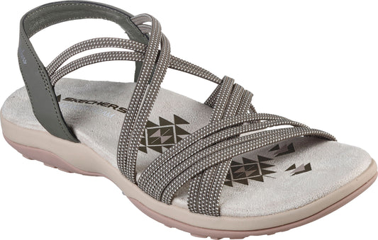 Gray sandal with multiple crisscrossing elastic straps and a back strap.