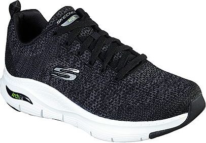 Black knit sneaker with white sole and 'Arch Fit' text on the heel.