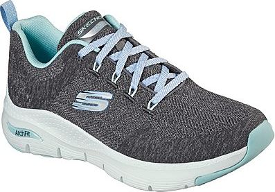 Gray athletic shoe with light blue accents, white sole, and light blue laces.