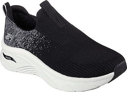 Slip-on sneaker with a black knit upper and white midsole with visible arch support feature, gray speckled heel.
