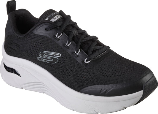 Black athletic shoe with white sole, black laces, and a silver 'S' logo.