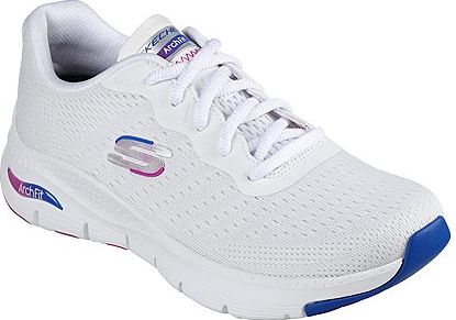 White athletic shoe with white laces, breathable mesh upper, and arch support.