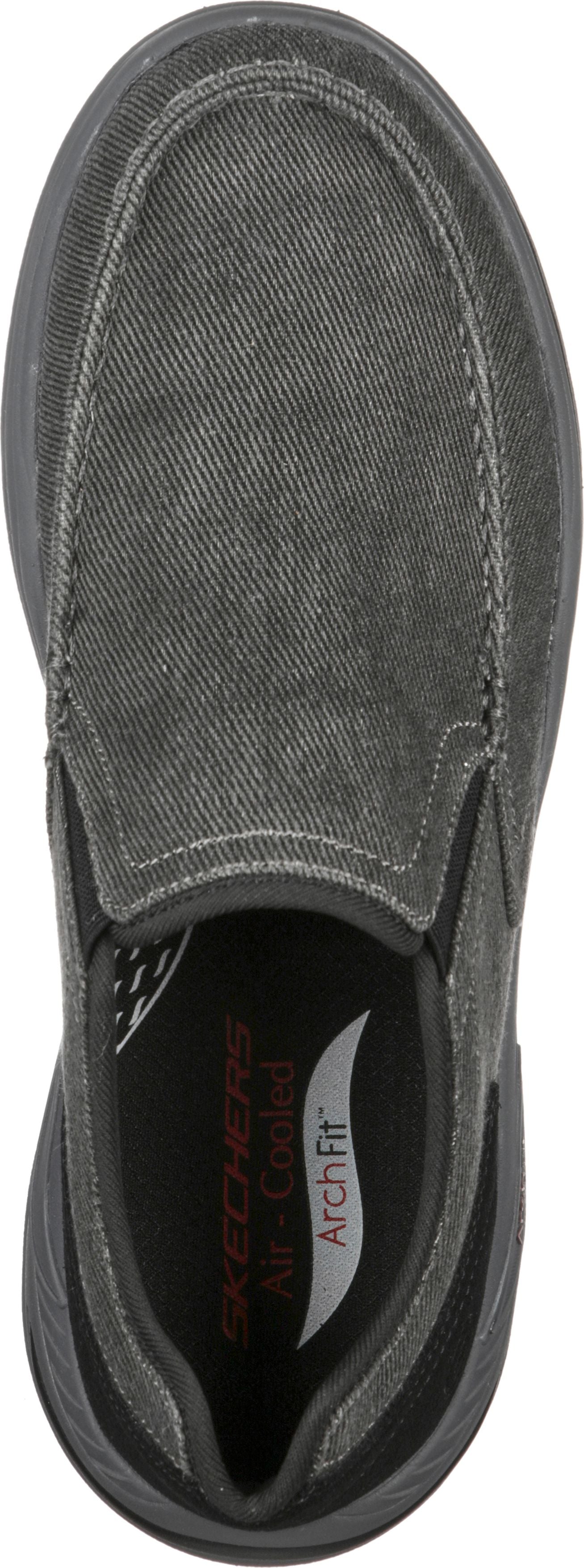 Top-down view of a gray slip-on shoe with visible Arch Fit insole.