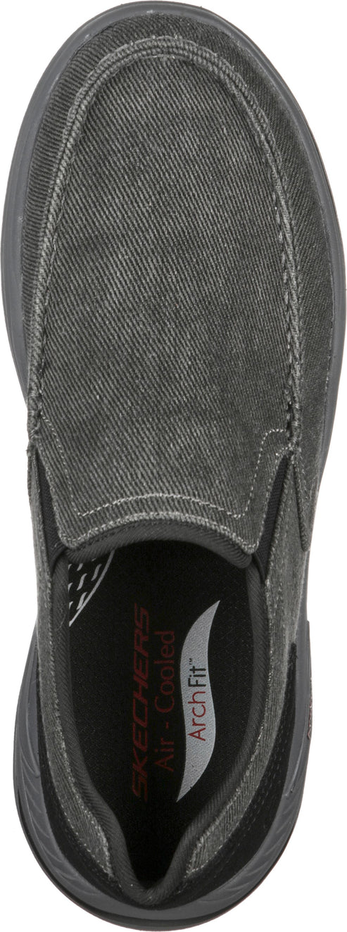Top-down view of a gray slip-on shoe with visible Arch Fit insole.