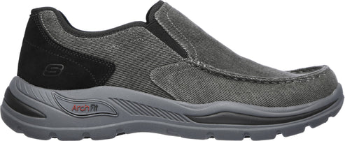 A gray casual slip-on shoe with an arch fit.