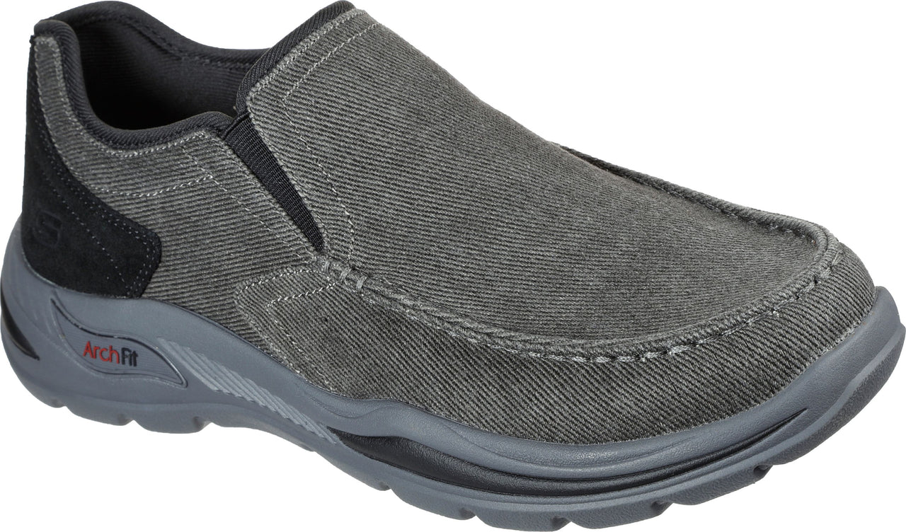Gray slip-on shoe with black elastic band and Arch Fit sole.
