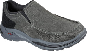 Gray slip-on shoe with black elastic band and Arch Fit sole.