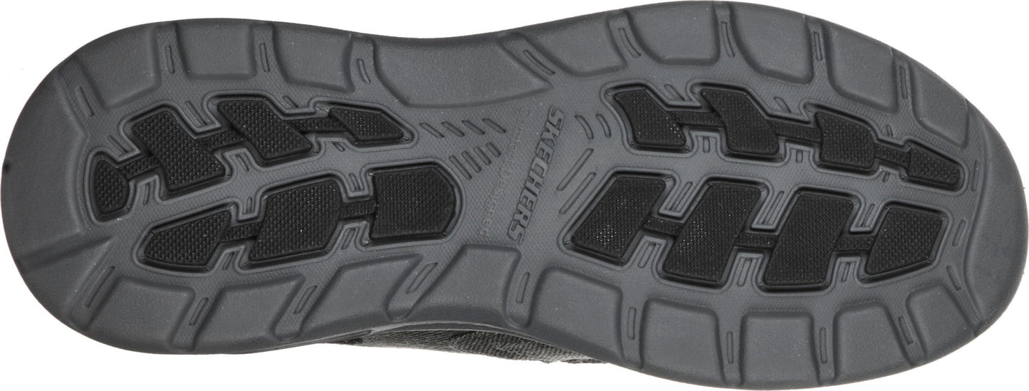 A shoe sole in gray with a pattern of black rectangular treads.